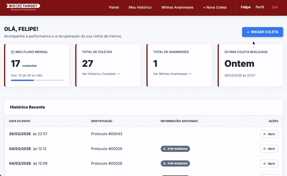 Tela de coleta de dados do Bio Target