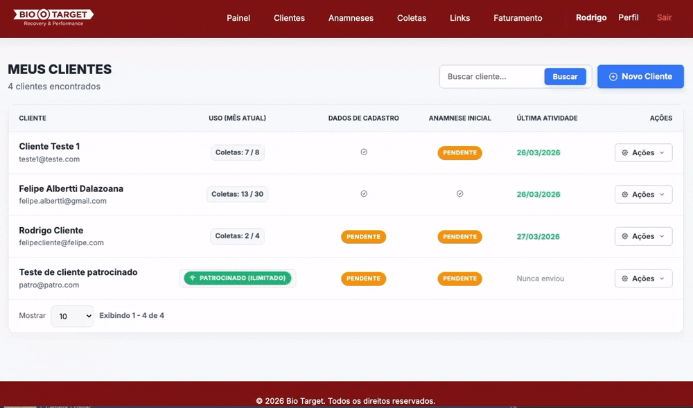Estatísticas de evolução do cliente no Bio Target